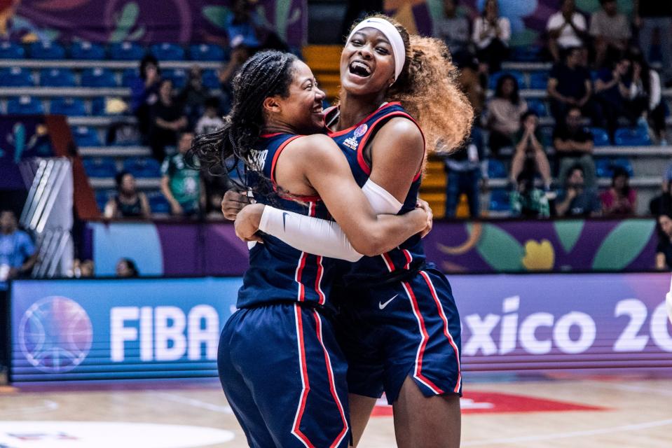 Tennessee's Jewel Spear and Rickea Jackson celebrate USA Basketball's win over Canada in the 2023 FIBA AmeriCup semifinal on July 8, 2023.