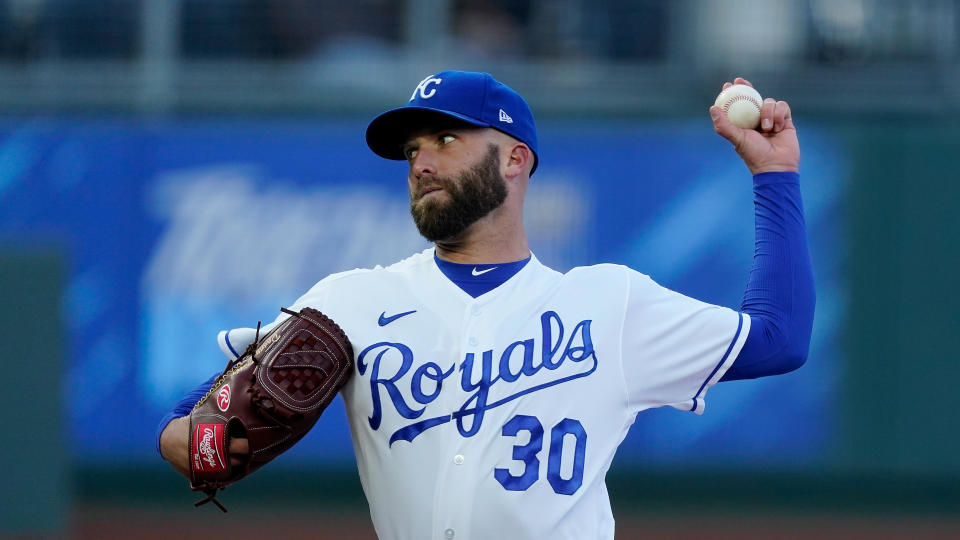 Kansas City Royals starting pitcher Danny Duffy throws during the first inning of a baseball game against the Tampa Bay Rays Monday, April 19, 2021, in Kansas City, Mo. (AP Photo/Charlie Riedel)