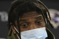 Baltimore Ravens quarterback Lamar Jackson (8) takes questions during a new conference after an NFL football game against the Pittsburgh Steelers, Sunday, Dec. 5, 2021, in Pittsburgh. (AP Photo/Don Wright)