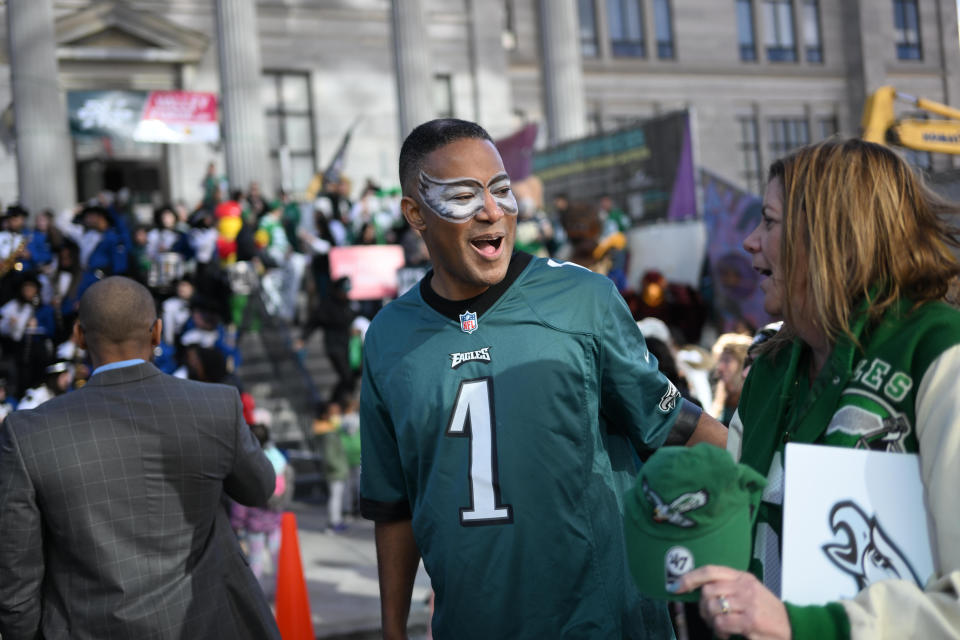 Philadelphia Eagles fans gathered on the steps of Montgomery County Courthouse for a pep rally in advance of Super Bowl LVI on February 10, 2023. (Photo by Mark Makela/Getty Images)