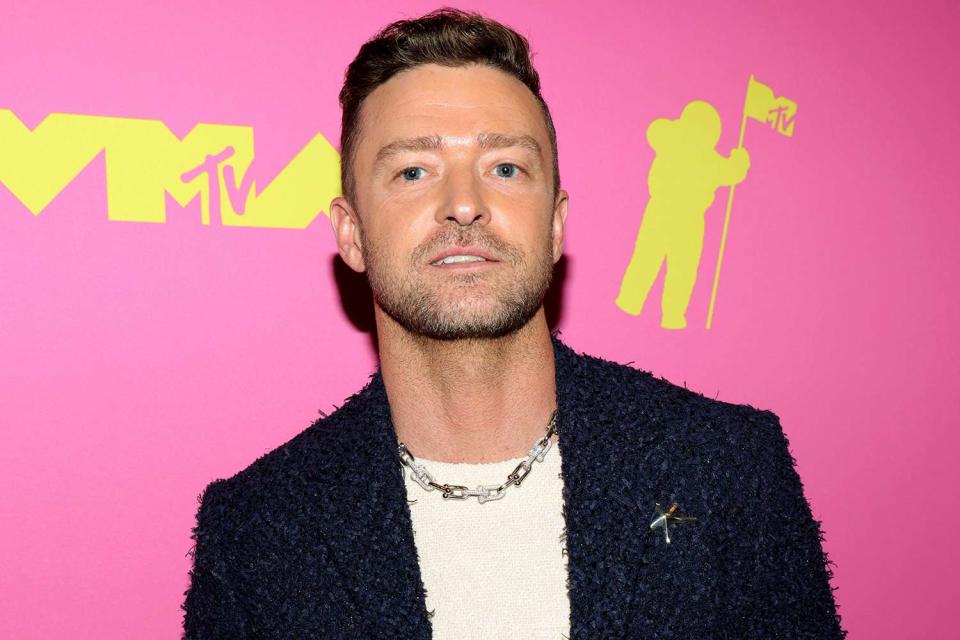 <p>Kevin Mazur/Getty Images</p> Justin Timberlake at the MTV VMAs in Newark in September 2023