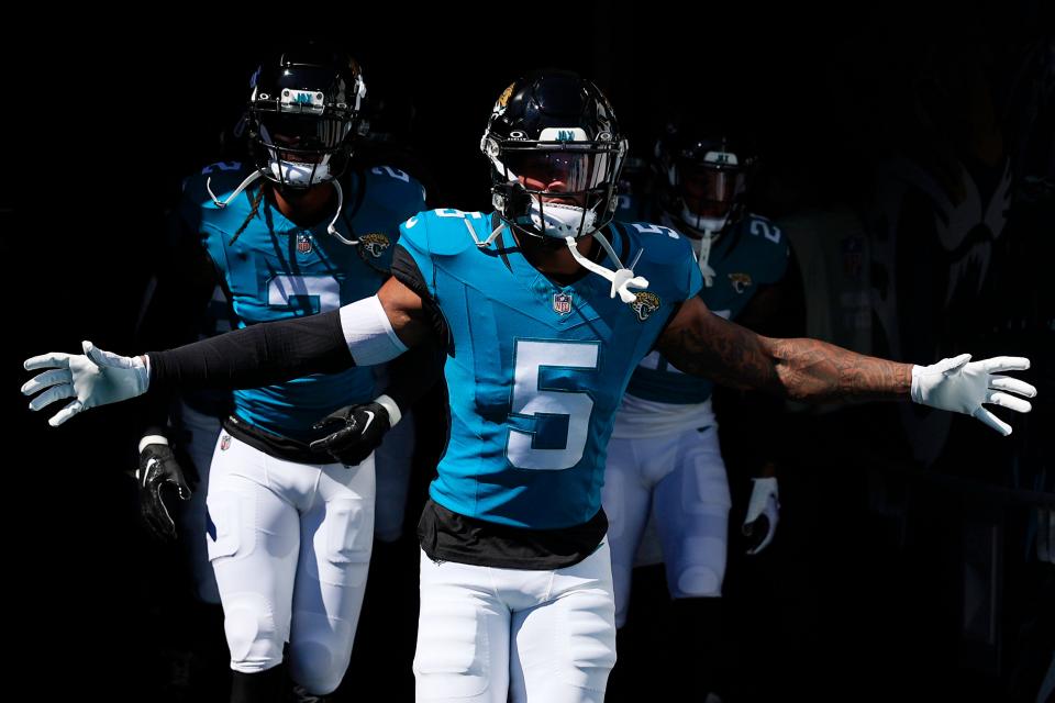 Jacksonville Jaguars safety Andre Cisco (5) runs onto the field before an NFL football matchup Sunday, Oct. 15, 2023 at EverBank Stadium in Jacksonville, Fla. The Jacksonville Jaguars defeated the Indianapolis Colts 37-20. [Corey Perrine/Florida Times-Union]