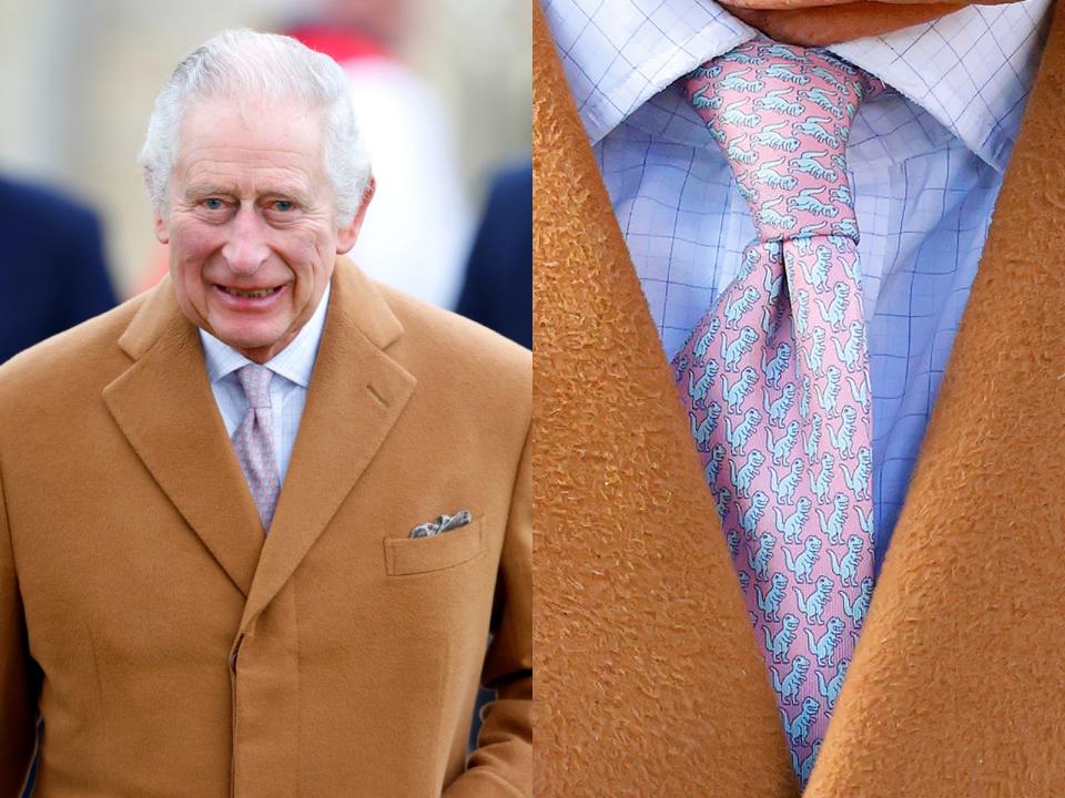 A split image showing King Charles wearing a dinosaur tie