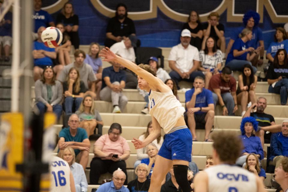 Eagles outside hitter Finn Kearney (11) spikes the ball at Sandra Day O'Connor High School gym in Phoenix on May 7, 2024.