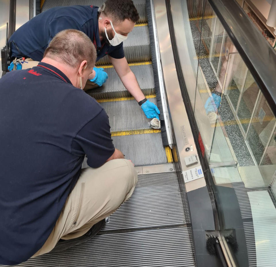 A two-year-old got her shoe stuck in the escalator at a Sydney Westfield. Source: Facebook