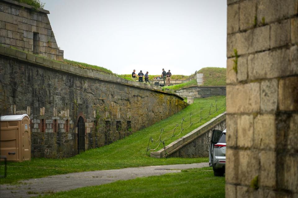 The state police's drone squad sets up a "visualization station" just outside the main walls of Fort Adams during a test run before Newport's folk and jazz festivals. The department provides "overwatch" services during such events to quickly spot potential problems and direct troopers on the ground.