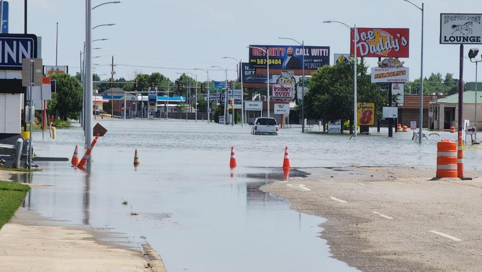 Flooding is seen along Paramount Boulevard in Amarillo on Friday.