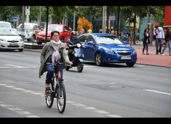 Neither bike messenger, not sport biker, this Berliner is cycling to work because it's a dry day. Given the price of petrol, Germans take their bikes whenever they can.    Photo: David Kiley/HuffPost Travel
