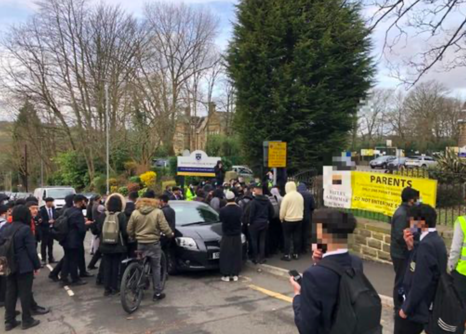 Protests took place outside Batley Grammar School in west Yorkshire this morning. (Reach)