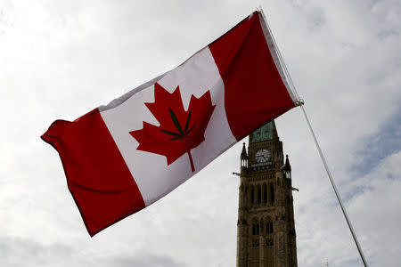 FILE PHOTO: A Canadian flag with a marijuana leaf on it is seen during the annual 4/20 marijuana rally on Parliament Hill in Ottawa, Ontario, Canada on April 20, 2017. REUTERS/Chris Wattie/File Photo