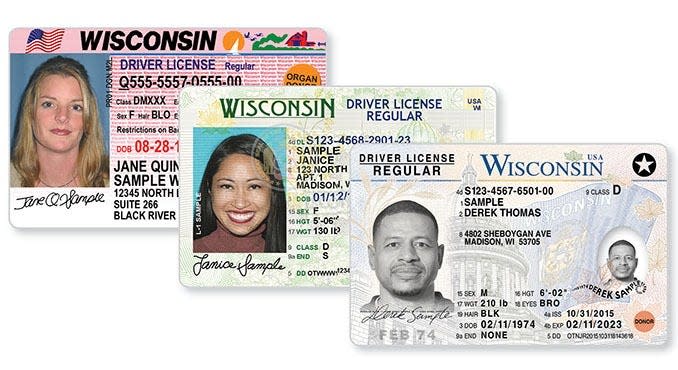 Recent driver licenses issued by Wisconsin. The front card is Real ID compliant, meaning it's more secure and can be used to fly and visit federal facilities beginning in 2025, unlike older cards.