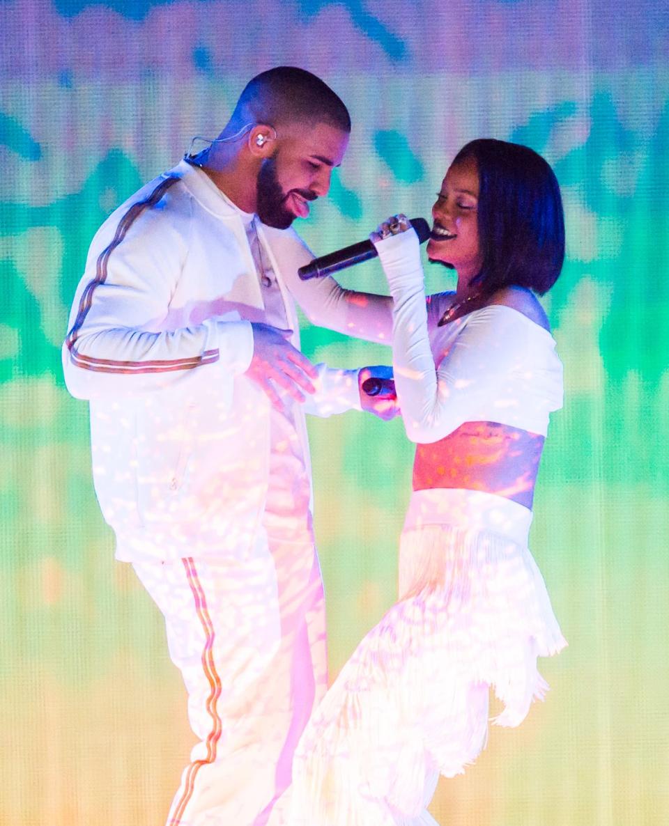 <p>While Drake has <a href="https://www.bustle.com/p/does-drake-reference-rihanna-on-scorpion-fans-think-these-songs-have-clues-about-the-stars-rumored-history-9636955" rel="nofollow noopener" target="_blank" data-ylk="slk:alluded many times;elm:context_link;itc:0;sec:content-canvas" class="link ">alluded many times</a> that Rihanna is the one that got away, he made that even clearer with 2018's "Summer Games." The song allegedly references their summer 2016 romance — one he was seemingly more serious about than she was. After a series of live performances together that summer, Drake <a href="https://youtu.be/HGcc3LyANtA?t=229" rel="nofollow noopener" target="_blank" data-ylk="slk:tried — and failed — to kiss RiRi;elm:context_link;itc:0;sec:content-canvas" class="link ">tried — and failed — to kiss RiRi</a> on live TV during the VMAs and the rest is history. In 2018, Rihanna told <em><a href="https://www.vogue.com/article/rihanna-vogue-cover-june-issue-2018" rel="nofollow noopener" target="_blank" data-ylk="slk:Vogue;elm:context_link;itc:0;sec:content-canvas" class="link ">Vogue</a></em>, "We don't have a friendship now, but we're not enemies either. It is what it is."</p>