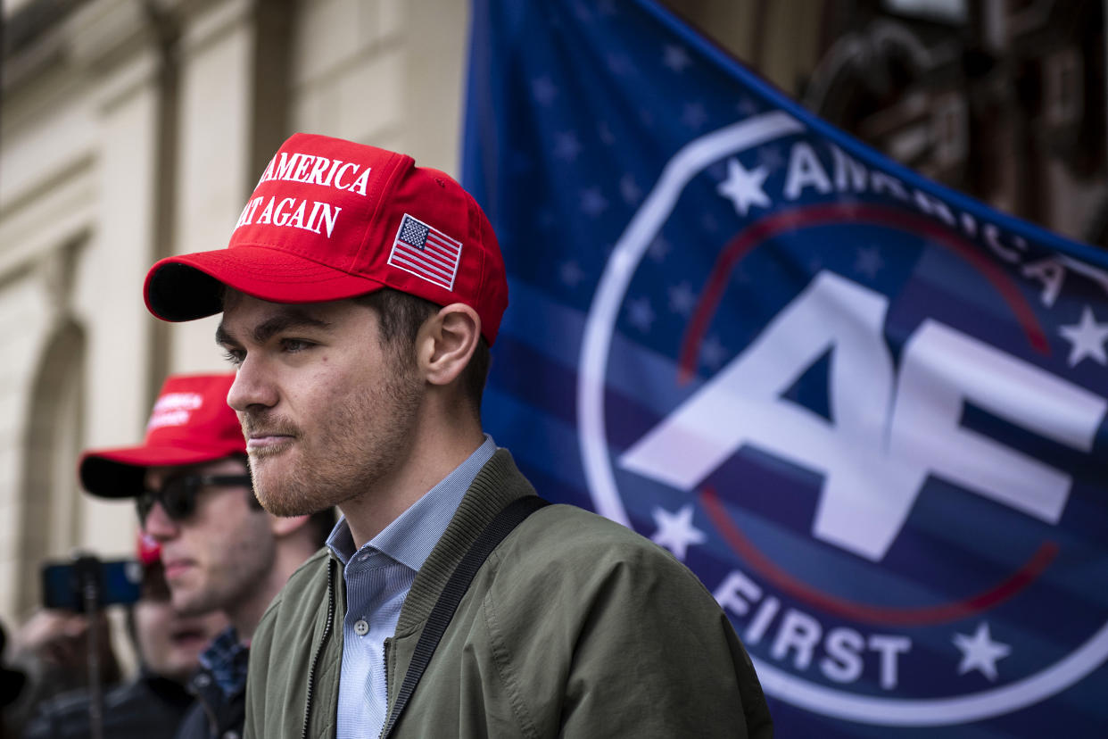 Nick Fuentes, far right activist, holds a rally at the Lansing Capitol, in Lansing, Mich., Wednesday, Nov. 11, 2020. (Nicole Hester / Mlive.com / Ann Arbor News via AP file)