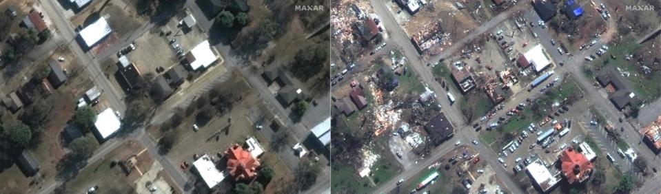 Satellite images showing (left) Walnut street in Rolling Fork, Mississippi, on December 27, 2022, and (right) the same street in the aftermath of Friday’s tornado (Satellite image ©2023 Maxar Technologies)