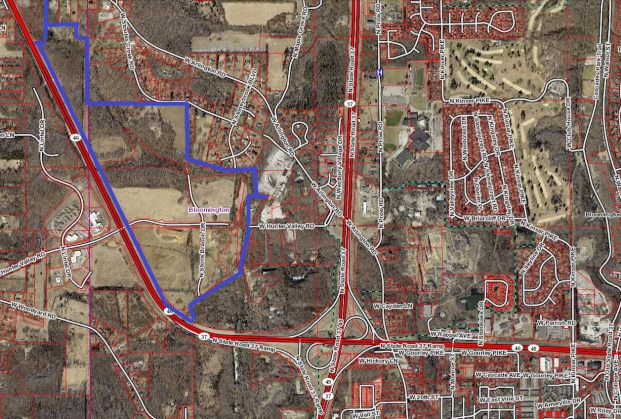 Crider & Crider-owned property (with blue border) northwest of Bloomington. The county is considering that area for a new jail.