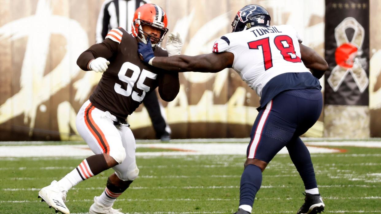 Mandatory Credit: Photo by Kirk Irwin/AP/Shutterstock (11017179pq)Cleveland Browns defensive end Myles Garrett (95) is blocked by Houston Texans offensive tackle Laremy Tunsil (78) during an NFL football game, in ClevelandTexans Browns Football, Cleveland, United States - 15 Nov 2020.