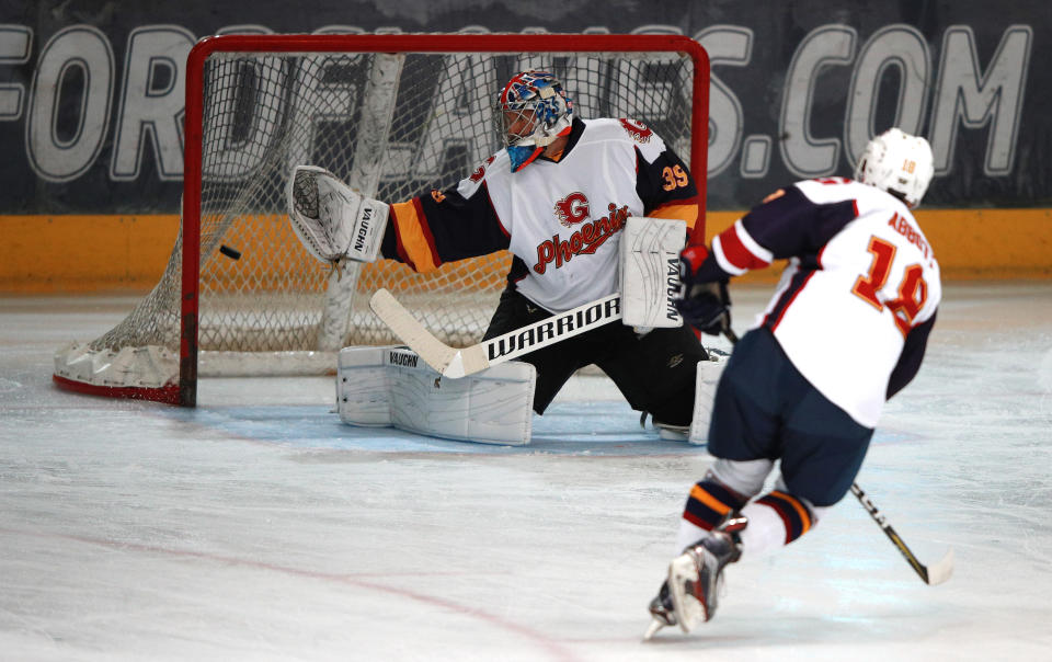 Guildford Phoenix goaltender Petr Cech allows a goal during the NIHL2 match at Guildford Spectrum Leisure Complex, Guildford. (Photo by Ian Walton/PA Images via Getty Images)