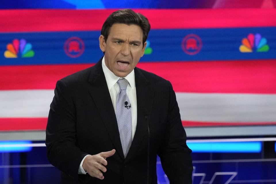 Republican presidential candidate Florida Gov. Ron DeSantis speaks during a Republican presidential primary debate hosted by NBC News, Wednesday, Nov. 8, 2023, at the Adrienne Arsht Center for the Performing Arts of Miami-Dade County in Miami. | Rebecca Blackwell, Associated Press