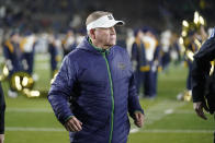 Notre Dame head coach Brian Kelly leaves the field following an NCAA college football game against Georgia Tech, Saturday, Nov. 20, 2021, in South Bend, Ind. Notre Dame won 55-0. (AP Photo/Darron Cummings)