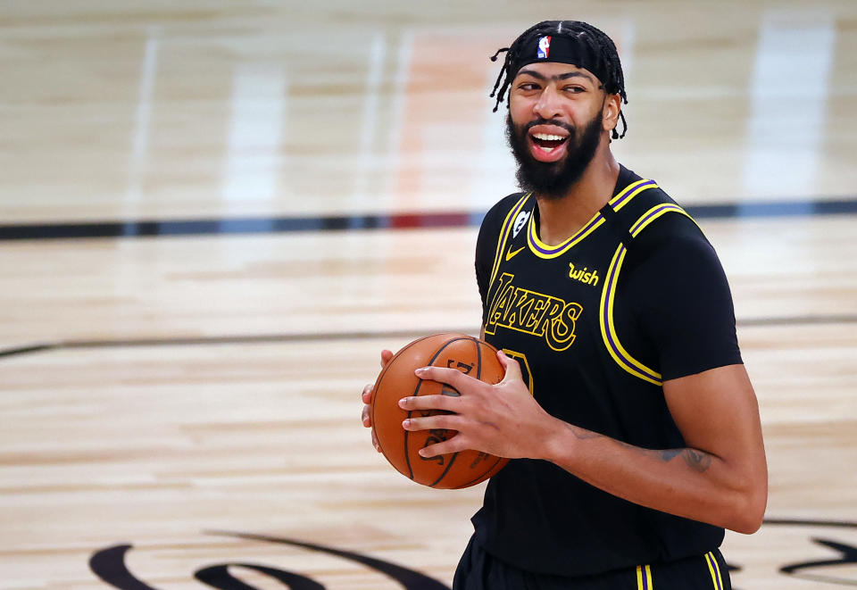 Lakers big man Anthony Davis has reason to smile in his first NBA Finals appearance. (Kevin C. Cox/Getty Images)