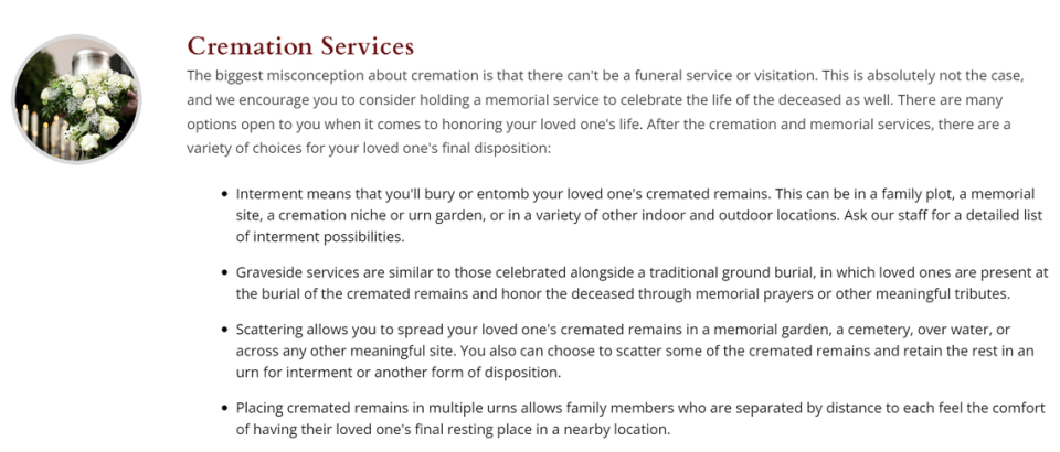 The Cloverport Funeral Home offers information about cremation on its website, as of January 31, 2024.