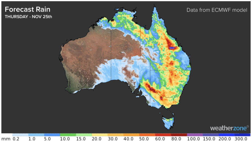 Some of the heaviest falls are predicted for Thursday and Friday. Source: Weatherzone