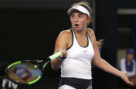 Tennis - Australian Open - Melbourne Park, Melbourne, Australia - 21/1/17 Latvia's Jelena Ostapenko reacts during her Women's singles third round match against Czech Republic's Karolina Pliskova. REUTERS/Issei Kato