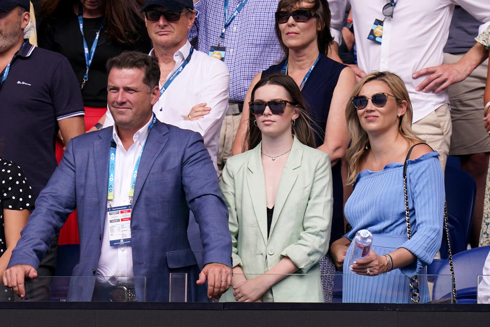 Karl Stefanovic his daughter Ava and wife Jasmine Yarbrough are seen after the second round match between Ashleigh Barty of Australia and Polona Hercog of Slovenia on day three of the Australian Open tennis tournament at Rod Laver Arena in Melbourne, Wednesday, January 22, 2020. 