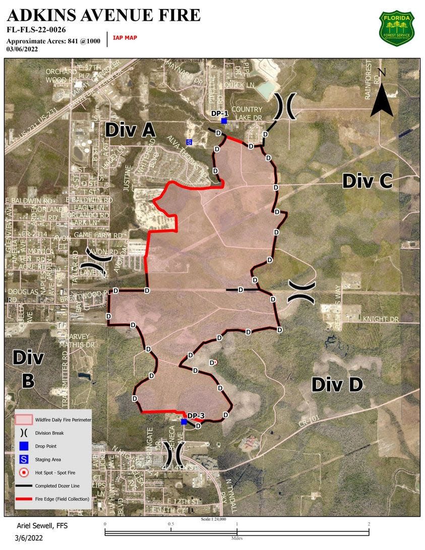 Map showing Adkins Avenue Fire near Panama City, Florida at 2 p.m. Sunday.