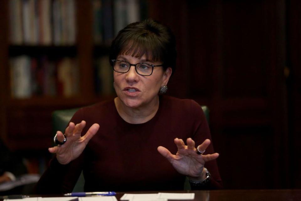 Then - U.S. Commerce Secretary Penny Pritzker talks with the Chicago Tribune Editorial Board in 2014. (Nancy Stone/Chicago Tribune/Tribune News Service via Getty Images)