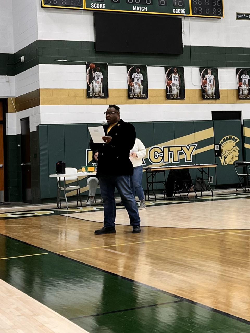 Iowa City Mayor Bruce Teaque spoke to caucusgoers Monday, Jan. 15 at Iowa City West High. Teaque emphasized the importance of civic engagement, voter participation, and community involvement to further the Johnson County Democratic Party's goals.