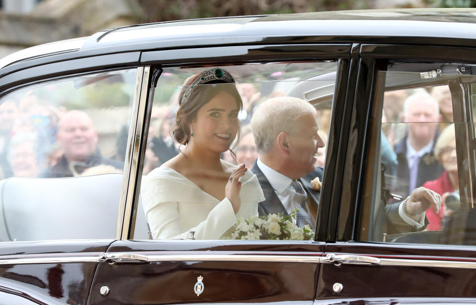 Here comes the bride: Princess Eugenie arriving at her wedding to Jack Brooksbank (Gareth Fuller/PA Wire)