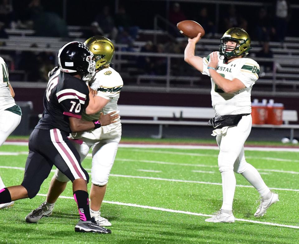 Vestal quarterback Cam Schaffer threw two touchdown passes in a 27-0 win over Elmira in football Oct. 6, 2023 at Elmira High School.