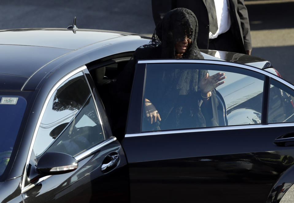 Grace Mugabe, widow of Robert Mugabe, gets into a car after a ceremony at the Robert Gabriel Mugabe International Airport in Harare, Zimbabwe, Wednesday, Sept. 11, 2019. (AP Photo/Themba Hadebe)