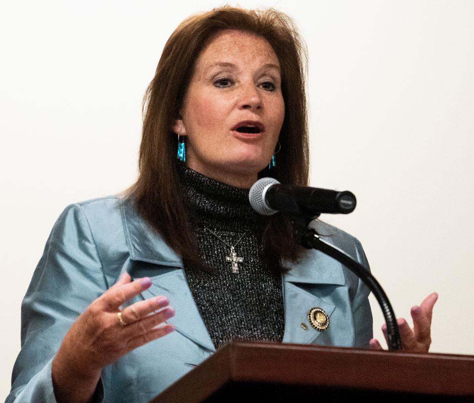 Rep. Terri Collins introduces her HB 314 during a public hearing, before the house health committee, on the abortion legislation bill at the Alabama Statehouse in Montgomery, Ala., on Wednesday April 17, 2019.