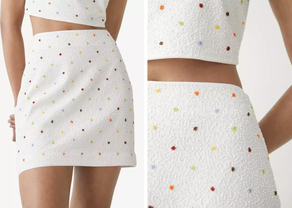 Floral Bead Mini Skirt in white with colourful polka dots