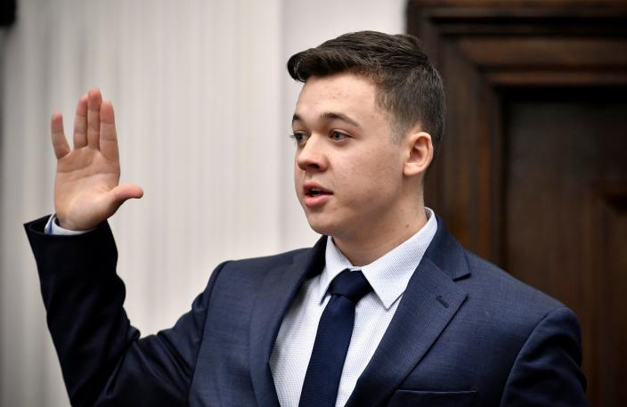 Kyle Rittenhouse is sworn in before testifying in his trial at the Kenosha County Courthouse in Kenosha, Wis., on Wednesday, Nov. 10, 2021.