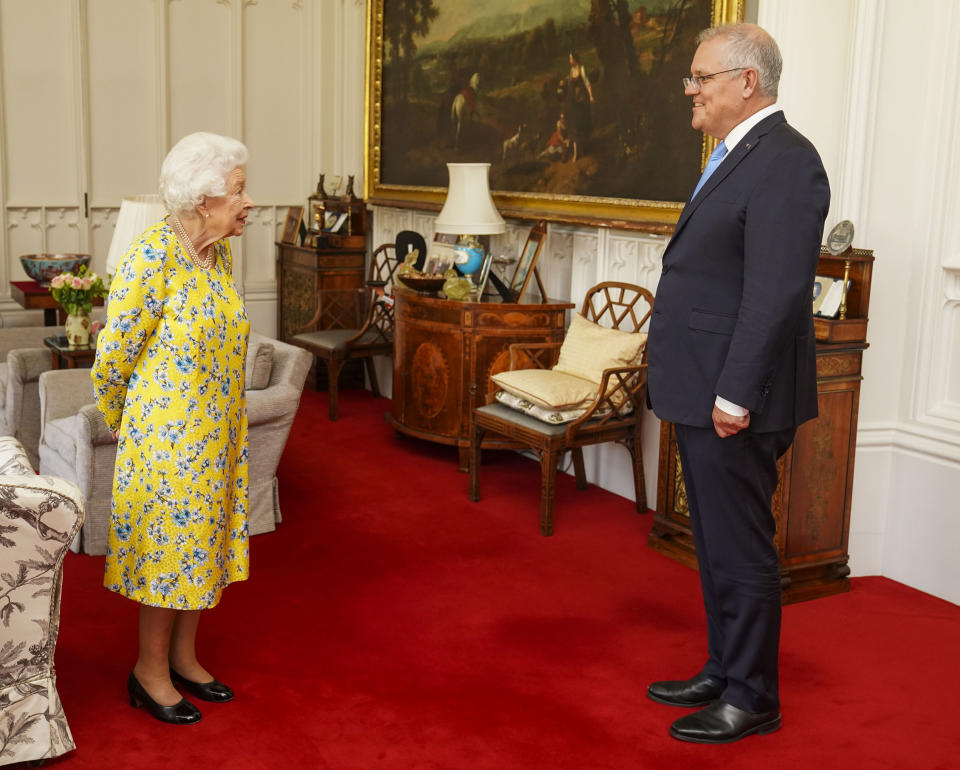 WINDSOR, ENGLAND - JUNE 15: Queen Elizabeth II receives Australian Prime Minister Scott Morrison during an audience in the Oak Room at Windsor Castle on June 15, 2021 in Windsor, England. (Photo by Steve Parsons - WPA Pool/Getty Images)