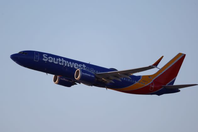 A Southwest Airlines aircraft is pictured flying out of the Los Angeles International Airport.