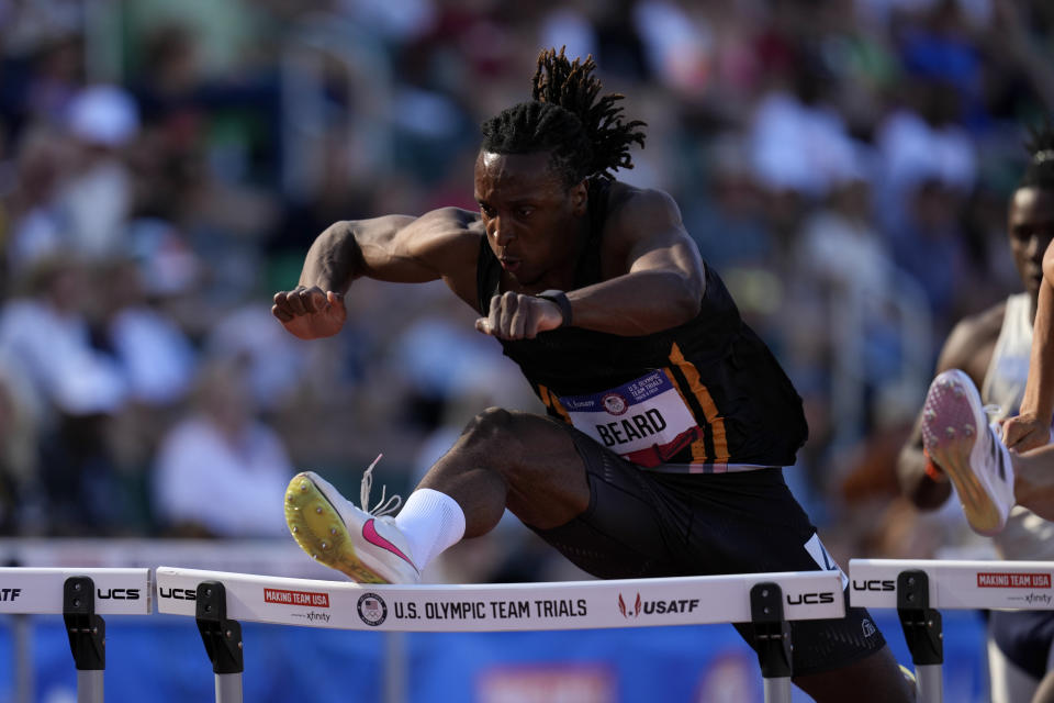 Dylan Beard competes a heat in the men's 110-meter hurdles during the U.S. Track and Field Olympic Team Trials Monday, June 24, 2024, in Eugene, Ore. (AP Photo/Charlie Neibergall)