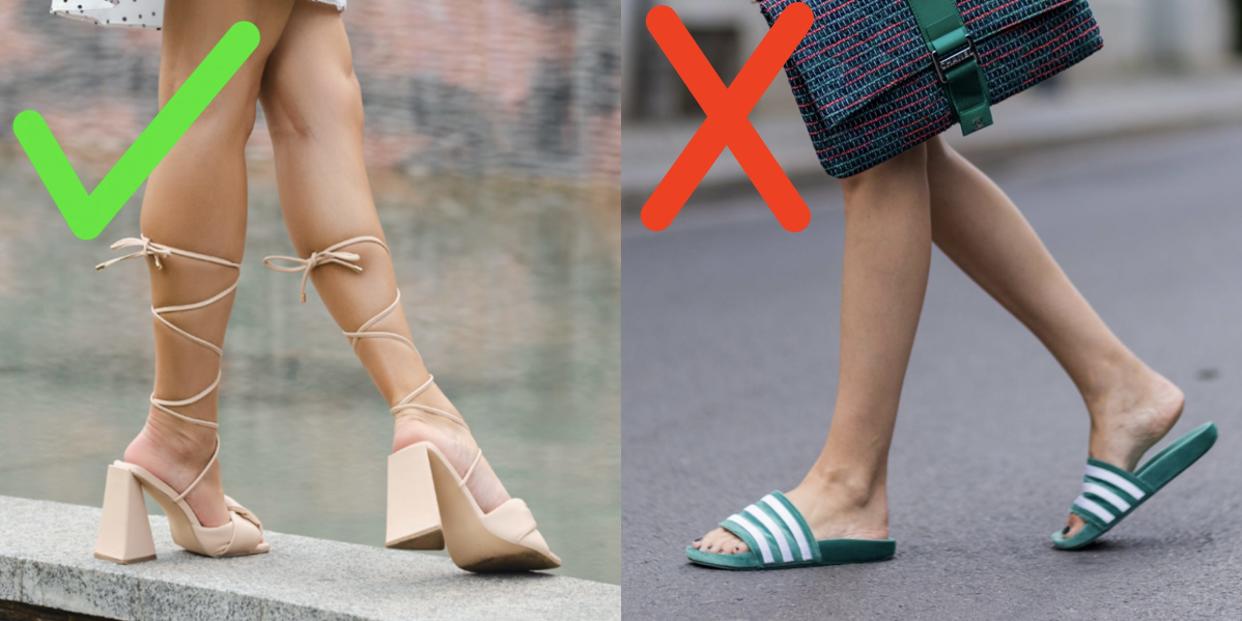 checkmark drawn to woman in beige wedges laced up next to image of "X" drawn pointing to turquoise striped rubber slides