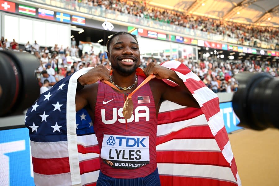 BUDAPEST, HUNGARY – AUGUST 20: Gold medalist Noah Lyles of Team United States reacts after winning the Men’s 100m Final during day two of the World Athletics Championships Budapest 2023 at National Athletics Centre on August 20, 2023 in Budapest, Hungary. (Photo by David Ramos/Getty Images)