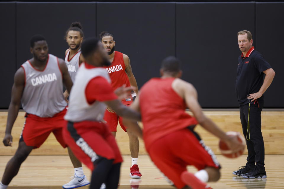 Head coach of the Canadian men's basketball team, Nick Nurse, watches a scrimmage during a practice at the OVO Athletic Centre in Toronto, Monday, Aug. 5, 2019. The Canadian men's basketball team was missing several big names when its pre-FIBA World Cup training camp opened on Monday. THE CANADIAN PRESS/Cole Burston