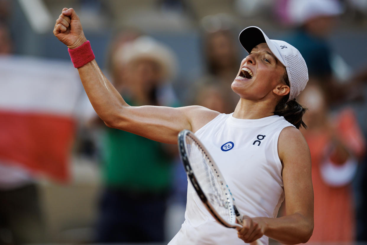 Poland's Iga Swiatek celebrates her victory over Beatriz Haddad Maia of Brazil in the French Open semifinals on June 08, 2023 in Paris, France. (Photo by Frey/TPN/Getty Images)