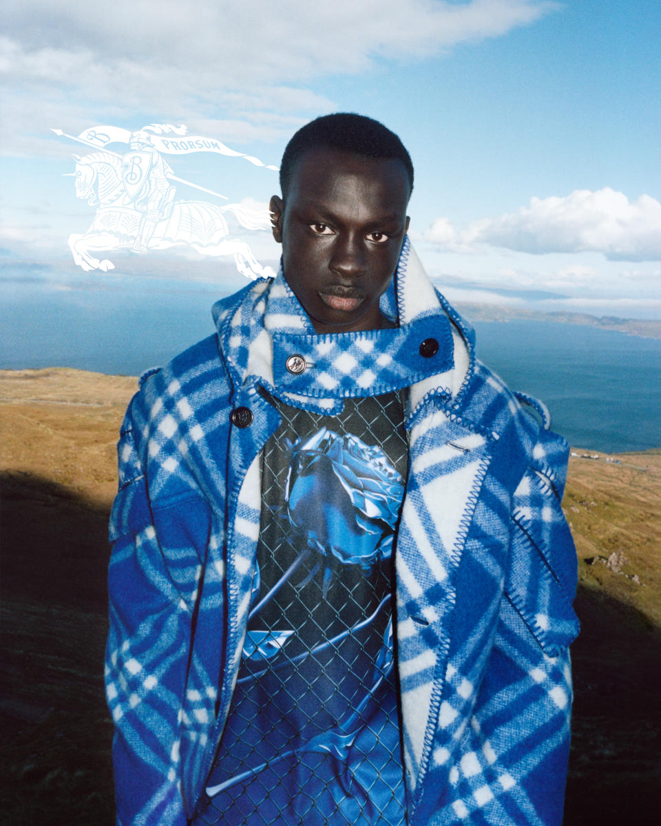 A look from Burberry’s new winter 2023 campaign, shot in remote areas of Northern Ireland and Scotland.