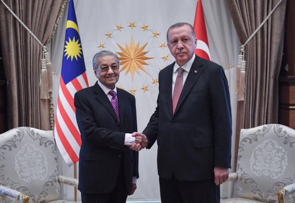 Prime Minister Tun Dr Mahathir Mohamad meets Turkish President Recep Tayyip Erdogan at the Presidential Complex in Ankara July 25, 2019. — Bernama pic