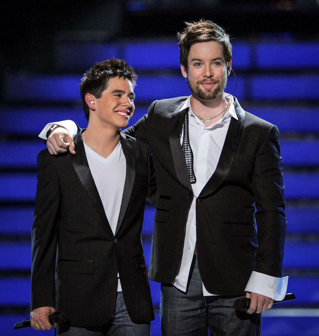 Finalists David Archuleta and David Cook on stage at the American Idol Season 7 Grand Finale on May 21, 2008 at the Nokia Theatre in Los Angeles. (M. Caulfield / WireImage file)