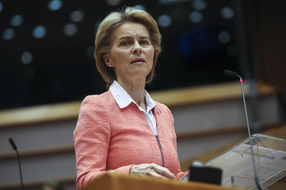 European Commission President Ursula von der Leyen speaks during a plenary session at the European Parliament in Brussels, Wednesday, June 17, 2020. Ursula von der Leyen gave a speech related to racism and the death of George Floyd at the hands of Minneapolis police officers. (AP Photo/Francisco Seco)