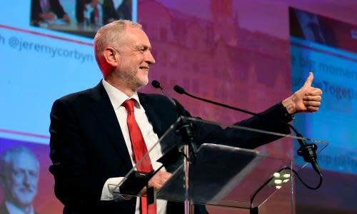 British Labour Party leader Jeremy Corbyn gestures as he speaks during a meeting of the Party of European Socialists (PES) in Brussels, on October 19, 2017 on the side of the first day of a summit of European Union (EU) leaders, set to rule out moving to full Brexit trade talks after negotiations stalled. / AFP PHOTO / JOHN THYSJOHN THYS/AFP/Getty Images