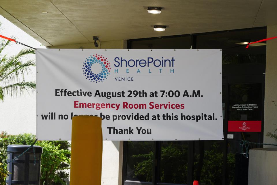 This sign, announcing the Aug. 29 closure of emergency room services at ShorePoint Health Venice was still hung up at the main entrance to the hospital on Tuesday.